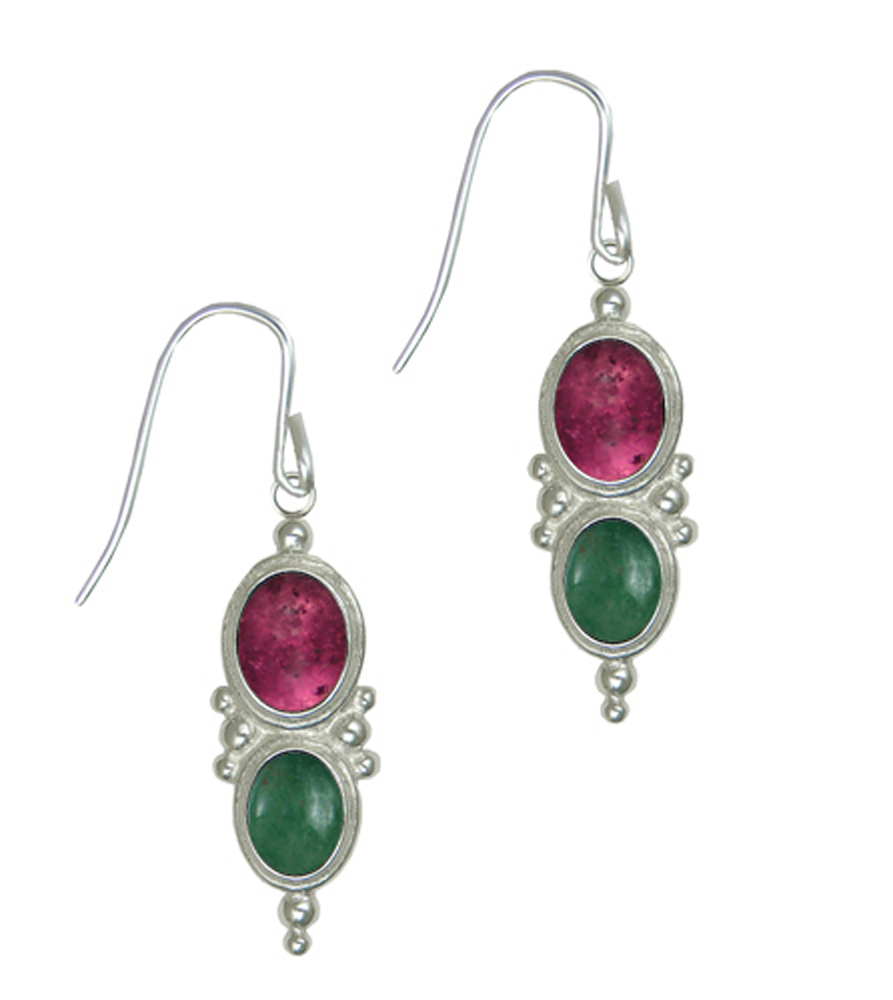 Sterling Silver Drop Dangle Earrings With Pink Tourmaline And Jade